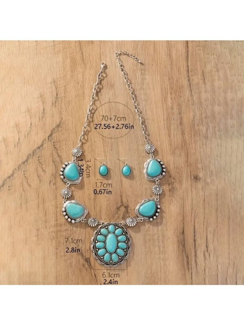 Imitation Turquoise Necklace Earrings Set Silver Tone - Picture 3 of 3
